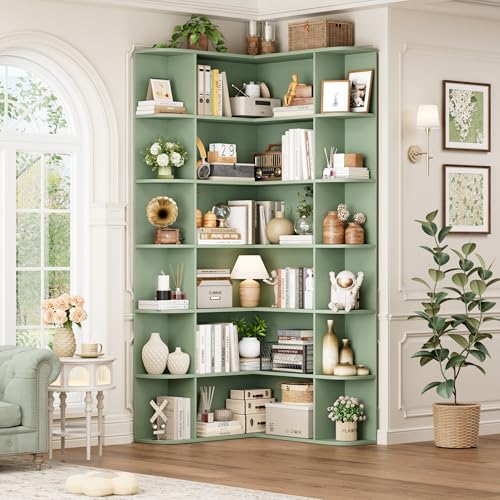 72” Tall Corner Bookshelf, 6-Tier Bookshelf and Bookcase with Open Storage, Tall Bookcases Wooden Storage Shelves for Home Office, Thickened Boards for Better Load Bearing, Green