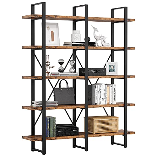 Industrial Bookshelf and Bookcase Double Wide 5 Tier, Large Open Shelves, Wood and Metal Bookshelves for Home Office Furniture, Easy Assembly