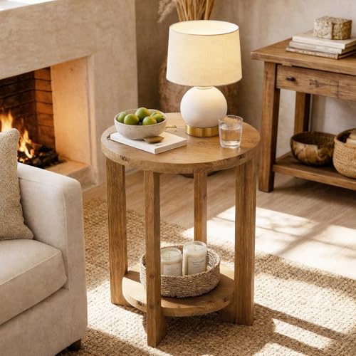 Solid Wood Round End Table, Accent Bed Side Table with Storage Shelf, 2-Tier Circle Wood Nightstand for Living Room, Bedroom, Small Spaces, Brown