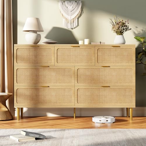 Rattan 7 Drawer Dressers for Bedroom, Tall Dresser with Deep Drawers, Large Chest of Drawers for Closet with Wide Top, Long Wooden Dresser for Living Room, Hallway, Kids Room, Natural