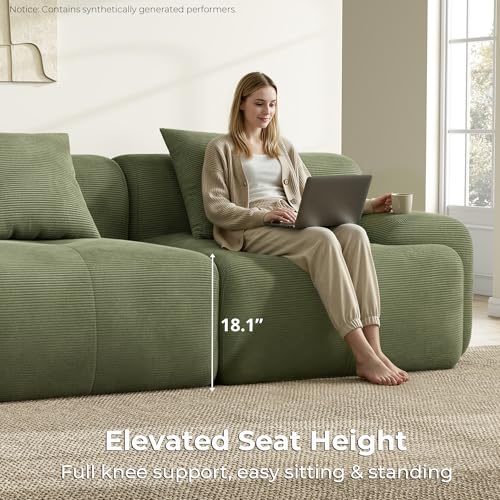 LumiCord Modular Sectional Sofa with Ottoman, 118" L-Shaped Boneless Couch for Living Room, Oversized Deep Seat with Corduroy Upholstery, No Assembly Required, Olive Green