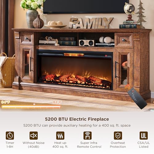 70" Farmhouse Fireplace TV Stand for TVs Up to 80", Reclaimed Barnwood | 42" Electric Fireplace, Color Changing Flame, 2 Open Cubbies, 2 Spacious Drawers, LED Glass Door Cabinets, Retro Handles