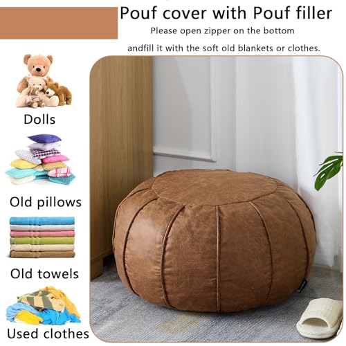 Unstuffed Pouf Ottoman Handmade Moroccan Storage Footstool Seat Round Home Decoration Pouf Cover Multi Functional Bean Bag Floor Chair for Living Room, Office, Bedroom, Balcony Decor