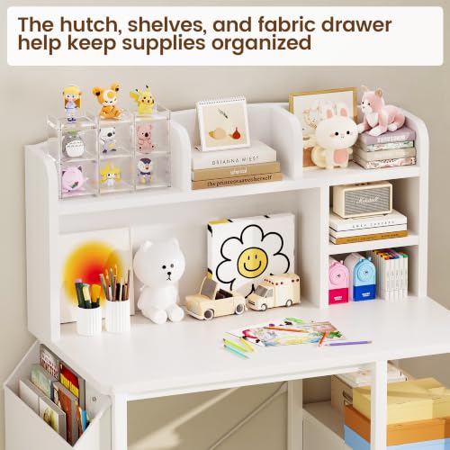 Kids Desk and Chair Set with Hutch, Study Desk with Storage, White, view 8