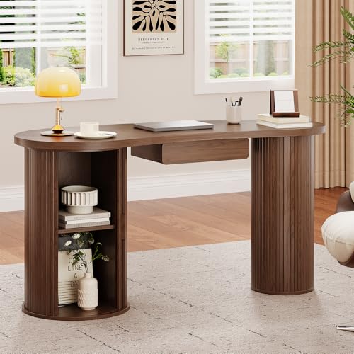 59 Inches Fluted Office Desk with Storge, Bean-Shaped Computer Desk with Drawer, Mid-Century Modern Curved Corner Desk with Sliding Door for Work and Study,Walnut