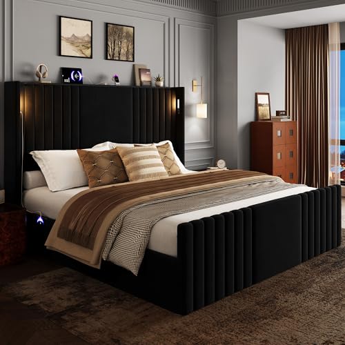55" Tall King Size Platform Bed Frame with 2 Reading Lights, Black, view 7