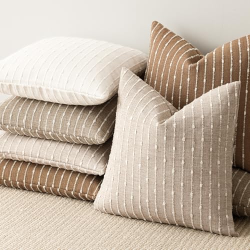 Pack of 2 Decorative Jacquard Boucle Throw Pillow Covers Accent Textured Striped Pillowcases Cozy Modern Cushion for Couch Sofa Bedroom Living Room Home Decor 18x18 Inch Natural Beige