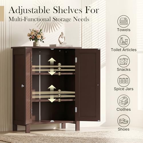 Modern Bathroom Floor Storage Cabinet with Adjustable Shelf and Double Door Rust Proof, Living Room Modern Home Furniture Storage Organizer Cabinet, Brown