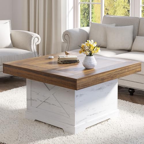31.5 in Farmhouse Coffee Table for Living Room with X-Design, Square | Rustic Center Table, Small Space, Wooden Pedestal, Home Office Tea Accent Table for Apartment, Easy Assembly, Antique White