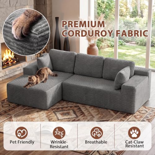 110" Boneless Sectional Couch, Modular Sectional Sofa L-Shape Couch with Deep Seat, Cloud Comfy Boneless Couch for Living Room, No Assembly Required (Corduroy, Grey)