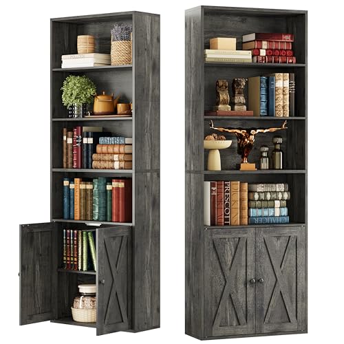 Tall Bookshelf 70 in, Bookcases with Doors, Set of 2, Charcoal Grey, view 2