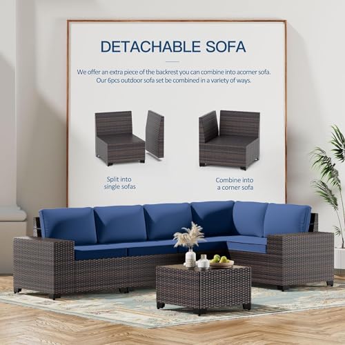 Outdoor Patio Furniture Set,12 Pieces Sectional Rattan Sofa Set Brown PE Rattan Wicker Patio Conversation Set with 10 Seat Cushions and 2 Tempered Glass Coffee Table,Navy Blue