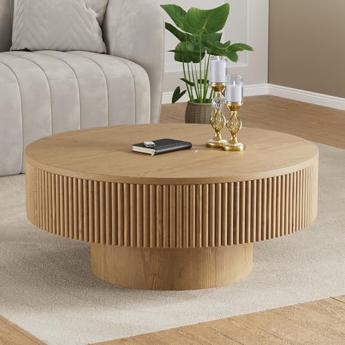 31.5” Round Fluted Coffee Table, Modern Wood Circle Coffee Table, Veneer Handcrafted Relief Tea Table with Sturdy Pedestal for Living Room - Natural