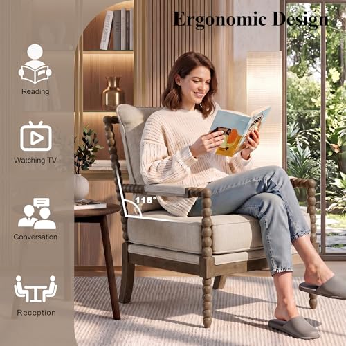 Linen Fabric Spindle Accent Chair with Wood Frame,Modern Accent Chairs with Padded Spring Seat and Brushed White Base for Living Room Bedroom Farmhouse Home Office Belcony