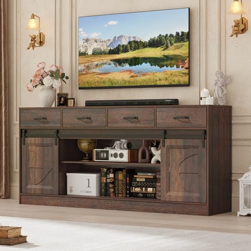 70" Large Farmhouse TV Stand for 85/80/75/70 Inch TVs w/4 Drawers,Rustic Tall Media Console w/Sliding Barn Door, Adjustable Shelves,Tall Entertainment Center for Living Room,Brown
