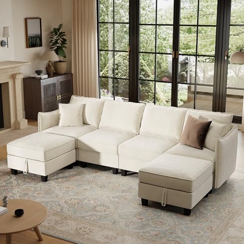 112" Modular U-Shaped Sectional Sofa, Modern 6-Seat Cloud Couch with 2 Storage Ottomans, Comfy Chenille Convertible Furniture Set for Living Room, Apartment, Easy Assembly, Beige