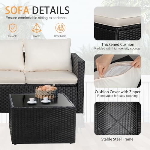 4 Pieces Patio Furniture Set, 2-in-1 Convertible Sectional Sofa & Chaise Lounge, All-Weather Wicker Rattan Sofa Couch with Cushions & Coffee Table for Yard, Garden, Porch, Poolside (Beige)