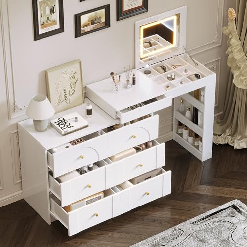 LUMISOL 59.9'' Large Vanity Desk with Flip-Top Tabletop and 7 Drawers, Makeup Vanity Table with Compartments, 3 Shelves, White