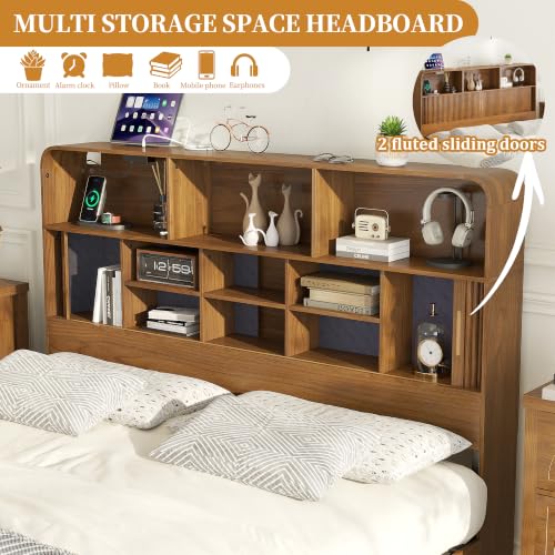Queen Size Bed Frame with Headboard and Charging Station Walnut, view 7