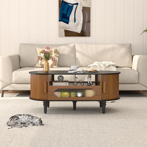 Fluted Round Coffee Table with Storage, Modern Oval Coffee Table with Drawer, Sliding Door, Low Small Center Tables for Living Room, Wooden Boho, Mid Century, Unique, Black and Walnut