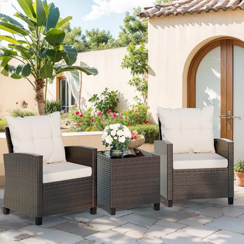 3 Pieces Patio Furniture Set Small Outdoor Wicker Rattan Front Porch Bistro Set Cushioned Patio Chairs Conversation Set with Glass Table for Lawn, Garden, Backyard, Balcony, Beige