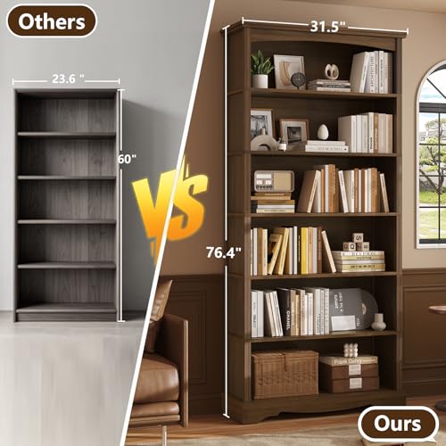 6-Tier Wooden Bookshelf, 76 Inch Tall Bookshelf with Storage, view 8