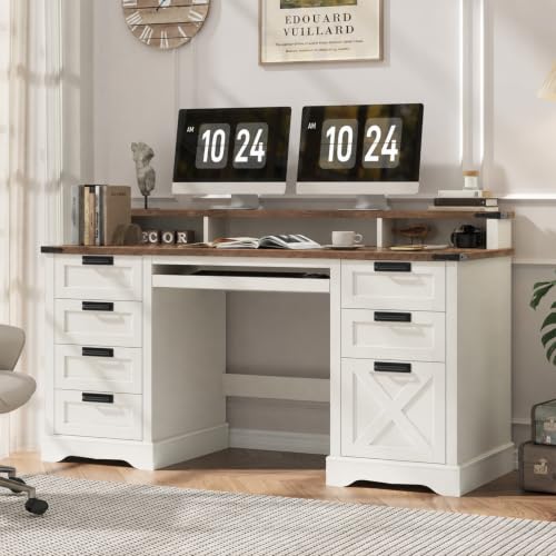 60" Farmhouse Executive Desk with 8 Drawers, White and Brown, view 8