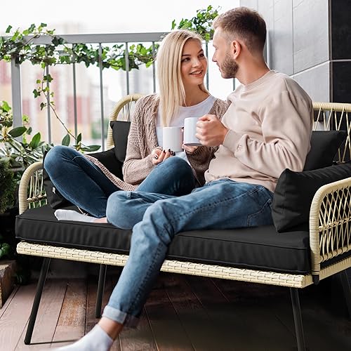 2-Piece Patio Furniture Wicker Outdoor Loveseat, All-Weather Rattan Conversation for Backyard, Balcony and Deck with Soft Cushions and SideTable (Light Brown+Black)