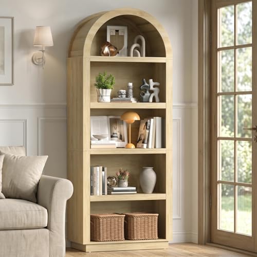76"Tall Arched Bookcase With 2 Tier Adjustable Shelves, Natural Oak | Adjustable Bookshelf, 5 Tier Large Wood Book Case, Mid Century Modern Open Display Shelf for Bedroom, Home Office,Living Room