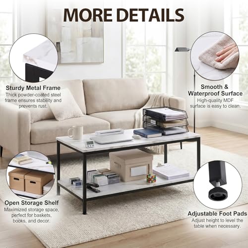 2-Tier Coffee Table with Storage Shelf for Small Apartment Living Room, Rectangle Wood and Stable Metal TV Stand Side End Table, White Marble
