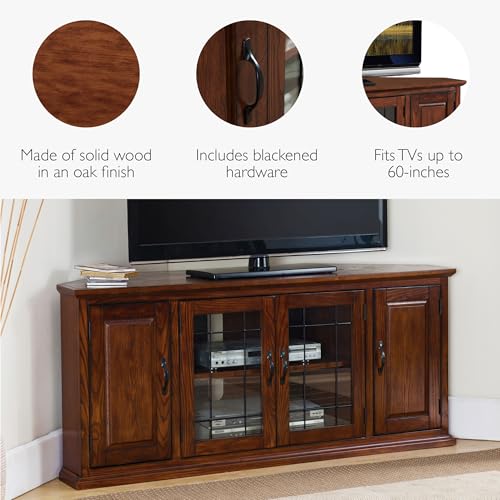 Riley Corner TV Stand 60 in, Burnished Oak, Solid Wood, Beveled Tempered Glass, Blackened Hardware, Adjustable Shelf, Easy Assembly, 56 in L x 20 in W x 25 in H, Item 80386