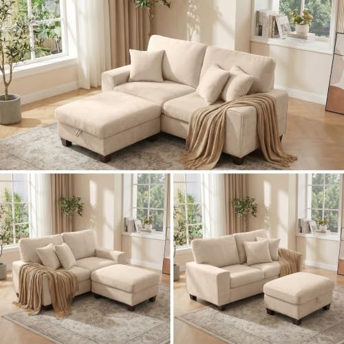 L-Shaped Sectional Sofa with Storage Ottoman, Modern Chenille Recliner Loveseat, Removable Couch Covers, Pocket Spring Cushions, Solid Wood Frame, Easy to Install (71.25inch, Beige)