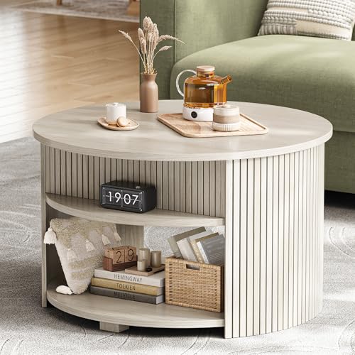 Round Lift Top Coffee Table with Storage, Fluted Mid-Century Modern Coffee Tables for Living Room, with Hidden Compartment & Open Shelves, for Small Spaces & Home Office(31.5" White Oak)