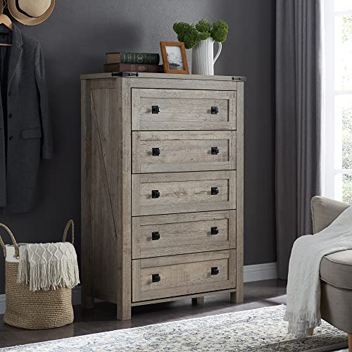 48" Tall Farmhouse 5-Drawer Dresser for Bedroom, Light Rustic Oak | Rustic chests of drawers, Wood Storage Cabinet, Metal Handle, Unique Corner Accent, Bedroom, Living Room, Hallway
