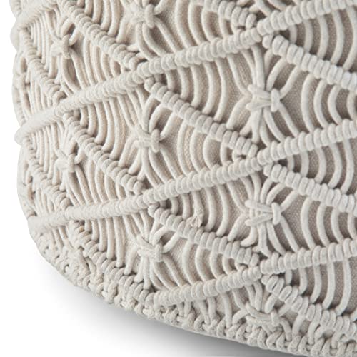 Cream handwoven cotton macrame round pouf ottoman, view 7