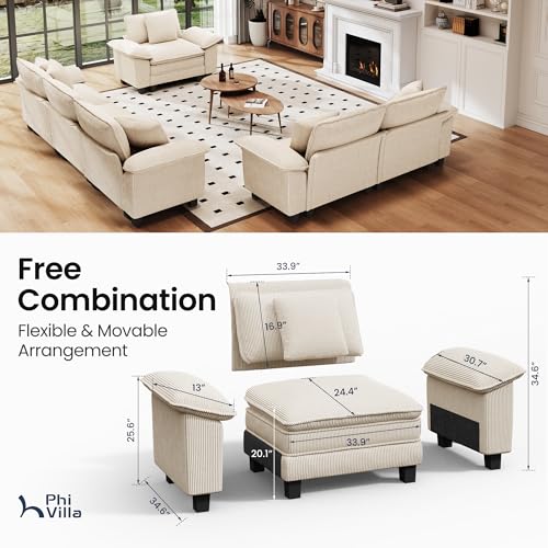 Cloud Modular Couches Sets, 3 Pieces Large Sectional Sofa Set with Loveseats & Armchair, 6-Seater Upholstered Couch for Living Room, Corduroy Fabric, Beige