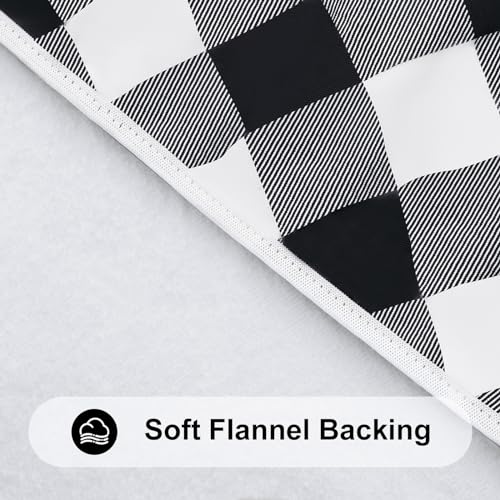 Round Picnic Tablecloth, Elastic Waterproof Fitted Vinyl Tablecloths for 45"-56" Tables, Flannel Backed Buffalo Plaid Table Cover for Dining, Camping, Outdoor, Black and White