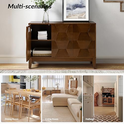 Modern Kitchen Buffet Cabinet Storage Sideboard with 3D Geometric Design, Freestanding Floor Cabinet with 3 Doors & 2 Adjustable Interior Shelves for Living Room Dining Room Hallway,Walnut