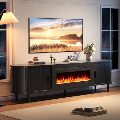 70" Mid Century Modern TV Stand with Fireplace, Fluted Fireplace TV Stand, view 2