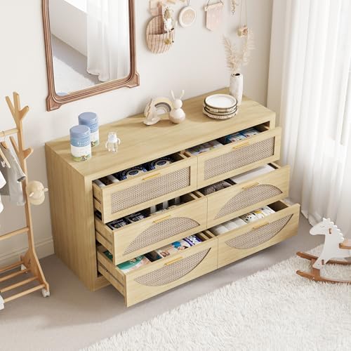 12 Drawer Rattan Dresser for Bedroom,Boho 94.4" Natural Wood Chest of Drawers,TV Stand with Metal Handle,Large Storage Closet Organizer for Living Room,Hallway,Natual Oak