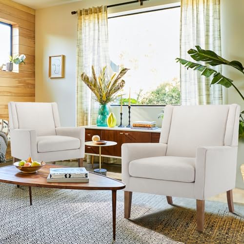 Modern Wingback Living Room Chair, Upholstered Fabric Accent Armchair, Single Sofa Chair with Lounge Seat and Wood Legs for Office/Bedroom/Reading Spaces, Beige