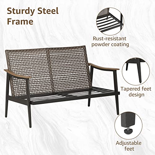 Patio Loveseat Sofa Outdoor Furniture Metal Chair with Wicker Backrest & 6 Inches Cushion for Indoor, Front Porch, Deck, Balcony, Backyard, 51.77"(L) x 29.75"(W) x 33.86"(H).