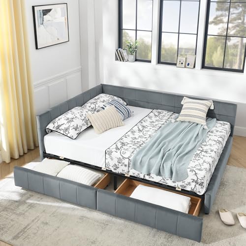 Queen Size Upholstered Daybed with Storage Drawer, Upholstered Tufted Bed Frame, Modern Sofa Bed Frame with Comfortable Backrest and Armrests, for Bedroom, Living Room, Velvet, Grey