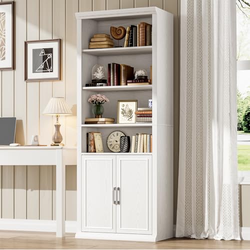 28" W Bookcase and Bookshelf with Doors, Modern Tall Bookshelf 6-Tier White Bookshelves with Storage Cabinet for Office, Living Room, Library