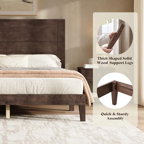 Queen Size Solid Wood Bed Frame with 48" Headboard Design, Walnut, view 7