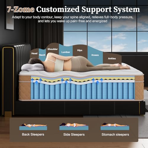 Queen Size Mattress, 12 Inch Hybrid Mattress in a Box – Memory Foam with Pocket Springs, Cooling Gel, Pressure Relief, Motion Isolation, CertiPUR-US Certified, Medium Firm,Brown