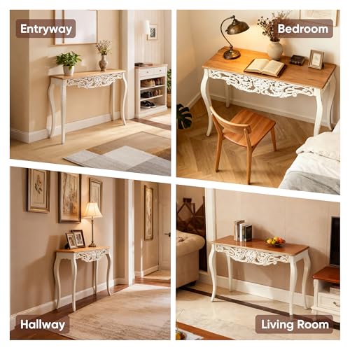 Console Table for Entryway with Carved Details, 43.31" Long Sofa Table Behind Couch, Vintage French Country Entry Table with Wood Carvings and Curved Legs for Hallway, Living Room - Antique White