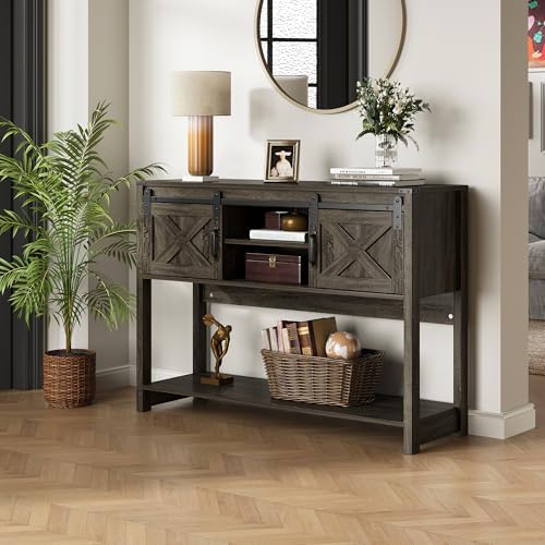 Farmhouse console table with sliding barn door and storage shelf, view 7