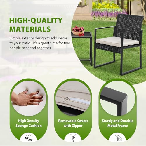 PayLessHere | 3-Piece Outdoor Patio Furniture Set | Khaki | Modern Rattan Bistro Set with Cushioned Chairs & Tempered Glass Coffee Table | Indoor & Outdoor Seating | for Balcony, Garden, Poolside