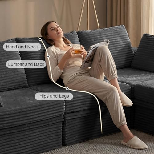 142" Modular Sectional Sofa with Storage, 6-Seater High Density Foam Boneless Couch with Ottoman, 27" Deep Corduroy Oversized Cloud Couch for Living Room, Tool-Free Assembly, Dark Gray